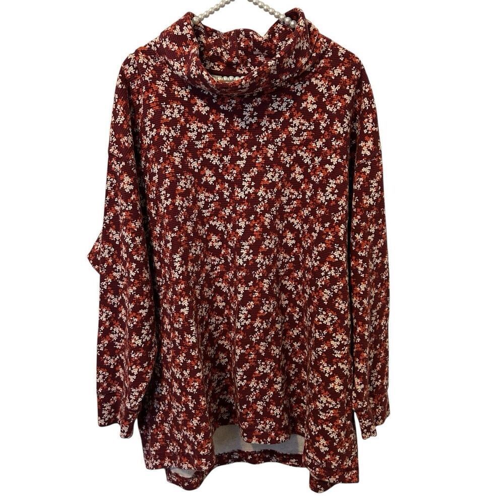 Lands' End Waffle Knit Thermal Cowl Neck Top Plus 2X Floral Relaxed Comfy Casual